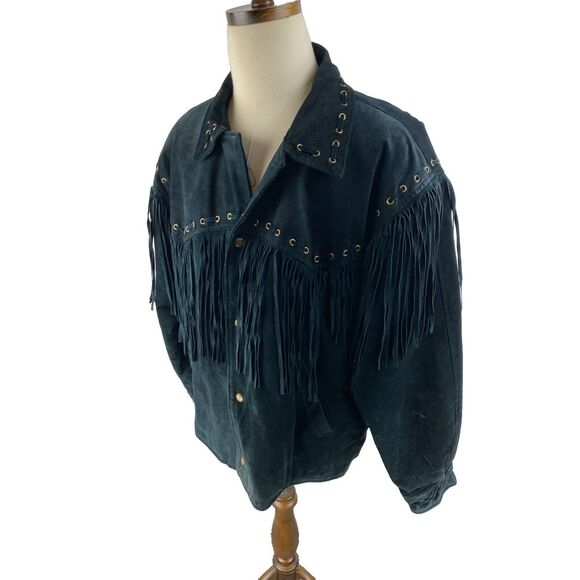 VTG Beyond Leather Mens Western Black Fringe Suede Jacket SZ XL 80s Flaws‎ - Picture 5 of 13